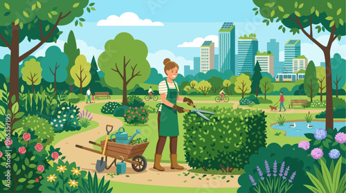 A woman in an apron trims a hedge with scissors in a vibrant city park on a sunny day, with buildings and a tram in the background.