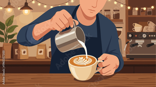 A barista skillfully pours milk into a coffee cup creating intricate latte art, set against a warm, inviting cafe background with string lights.