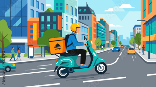 A stylized illustration shows a person on a scooter with a food delivery bag, navigating a busy city street with modern buildings and cars.
