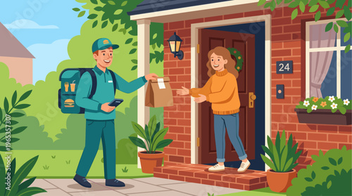 A smiling delivery person in uniform hands a paper food bag to a woman standing at her front door, illustrating convenience and service.