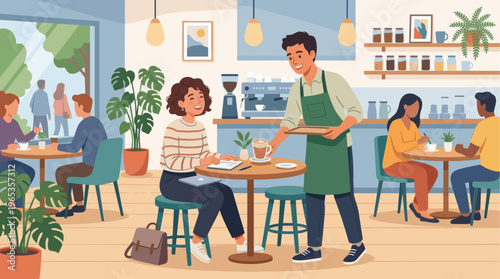 A friendly barista serves a latte to a smiling woman sitting at a table in a modern, plant-filled coffee shop with other patrons.
