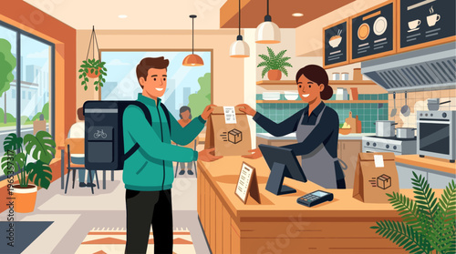 A smiling delivery person with a backpack hands a food bag to a smiling cafe worker behind the counter, illustrating convenient food delivery.