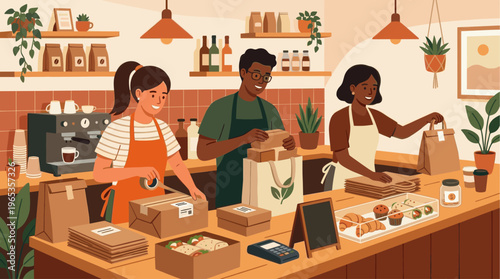 A diverse team of three staff members efficiently prepare and package food and drinks in a warm, inviting coffee shop setting, highlighting teamwork and service.