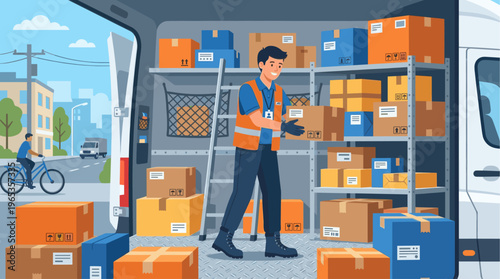 A cheerful delivery worker in an orange vest is loading stacked boxes into a white van with a cityscape and cyclist in the background.