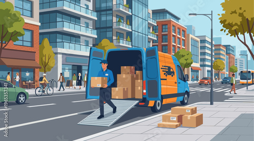 A smiling delivery worker in uniform unloads boxes from the back of a blue and orange van onto a ramp on a busy city street, with buildings and traffic in the background.