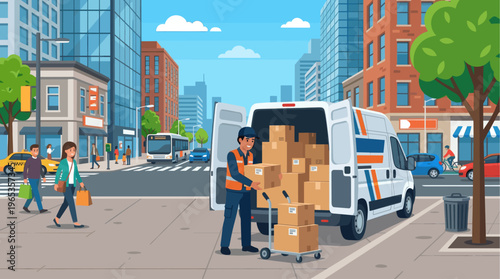 A cheerful delivery man is actively unloading cardboard boxes from a white van onto a hand truck on a busy city street, with pedestrians, cars, and buildings in the background.