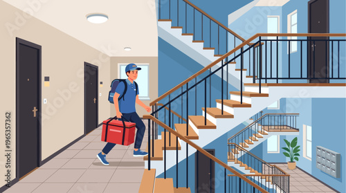 A male delivery person with a red insulated bag walks up the stairs of a blue and beige apartment building hallway.