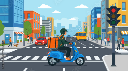 A person on a blue scooter with an orange delivery bag navigates a busy city street with buildings, cars, a bus, and pedestrians at a crosswalk.