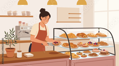 A smiling baker in an apron arranges delicious pastries in a glass display case filled with croissants, tarts, cookies, and cakes.