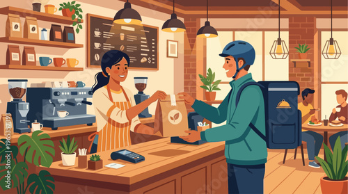 A friendly barista hands a takeout bag to a smiling delivery person in a blue helmet inside a cozy, modern coffee shop.