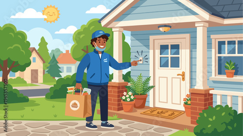 A smiling delivery person wearing a face mask and a blue jacket rings the doorbell of a house while holding a grocery bag full of food.