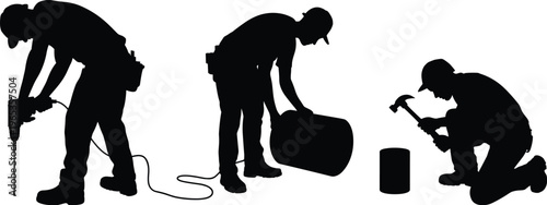Black Silhouette Vector Set of Construction Workers Using Hammer Drill and Tools for Manual Labor Building Maintenance and Industrial Work