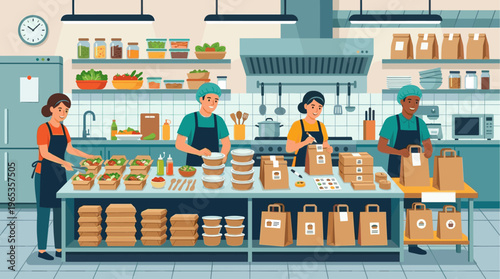 Diverse kitchen staff diligently prepare and package food orders in a busy commercial kitchen, ready for delivery and takeout services.