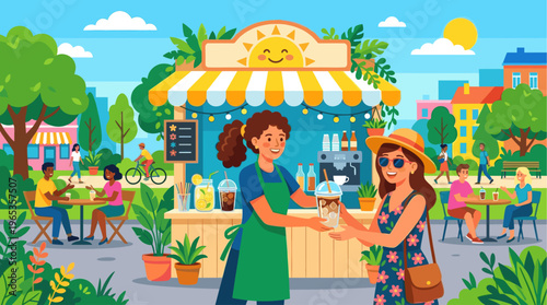 A vibrant illustration of a sunny day at an outdoor cafe where a barista serves a drink to a customer, with others relaxing at tables.