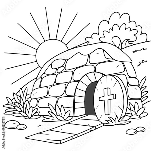 A stone tomb with a cross on the door and sun rising