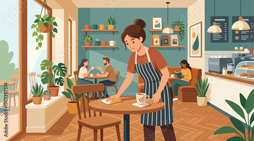 A friendly barista in an apron wipes down a table in a bright, plant-filled coffee shop where customers enjoy drinks and conversation.