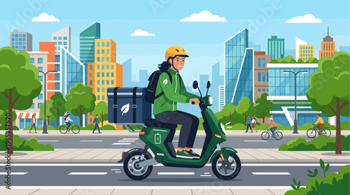 A person wearing a helmet and green jacket rides a green electric scooter with a delivery box in a modern city with tall buildings and trees.