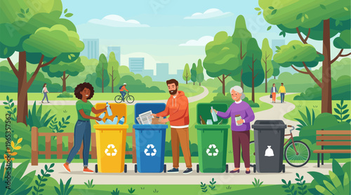 Diverse people of different ages sort recyclables into colorful bins in a green park with a city skyline and walking paths.