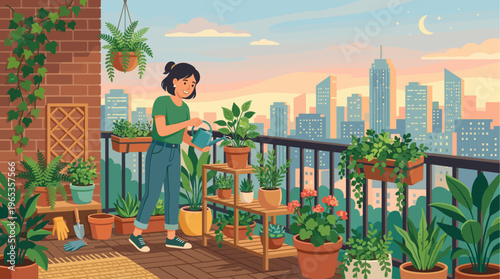 A woman waters houseplants on a balcony overlooking a city skyline during a beautiful sunset, fostering a sense of peace and urban gardening.