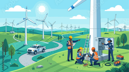 A diverse team of engineers in safety vests and hard hats are inspecting and maintaining a wind turbine in a sunny, green landscape with rolling hills.