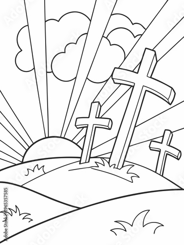 Three crosses on a hill with a sunrise