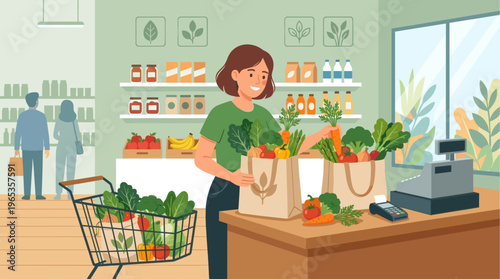 A woman happily unloads fresh produce from a shopping cart into bags at a grocery store checkout counter.