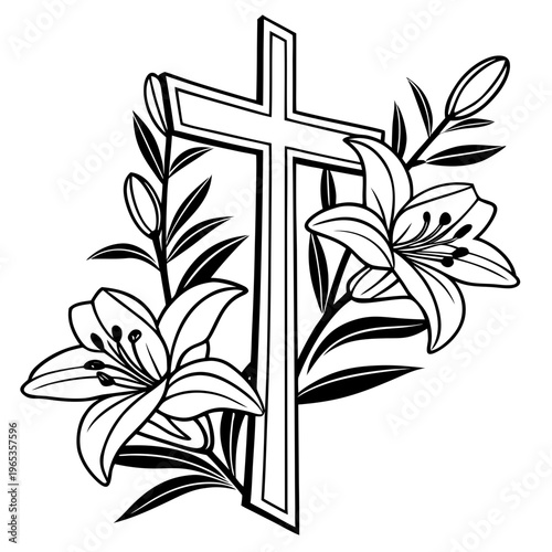 A cross with lilies symbolizing faith and purity