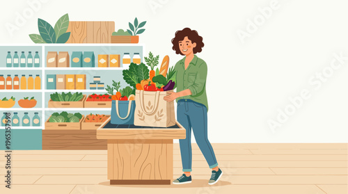 A happy woman fills reusable shopping bags with fresh fruits and vegetables at a vibrant grocery store.