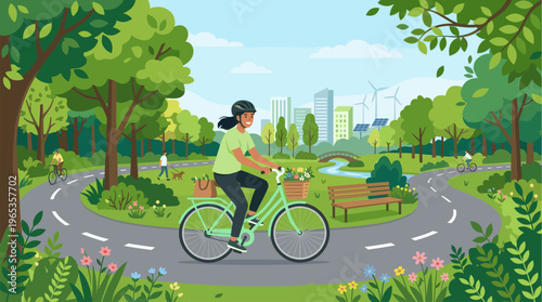 A cheerful woman cycles through a lush green park with trees and flowers, while wind turbines and solar panels signal a sustainable city in the background.