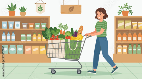 A woman happily pushes a full grocery cart through a brightly lit store, surrounded by shelves stocked with fresh produce and goods, illustrating a pleasant shopping experience.