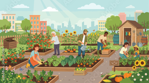 A vibrant illustration depicts a diverse group of people working together in a community garden amidst a cityscape, showcasing fresh produce and a cheerful atmosphere for healthy living.