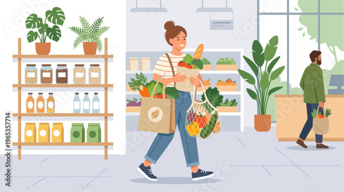 A woman with a bun hairstyle happily walks through a grocery store, carrying reusable bags filled with fresh vegetables, fruits, and bread.