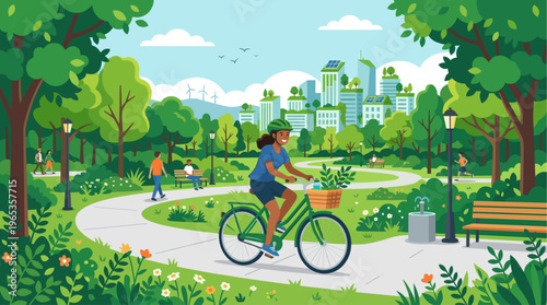 A diverse woman cycles through a vibrant, green park filled with trees, flowers, and people enjoying outdoor activities, with solar-powered buildings in the background.