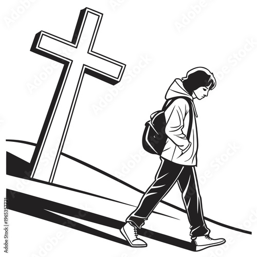 A person walks next to a cross on a hill