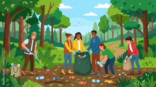 A group of diverse people in casual clothing are happily cleaning up trash in a lush green forest, collecting waste into bags and a garbage picker.