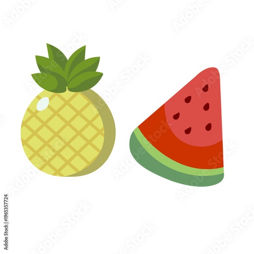 A simple flat vector illustration featuring a pineapple and a slice of watermelon. The design uses clean shapes, bright colors, and minimal details, making it perfect for food-related designs, educati