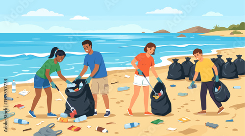 A diverse group of young adults are actively cleaning up a sandy beach by collecting plastic litter and filling trash bags, promoting environmental awareness and teamwork by the ocean.