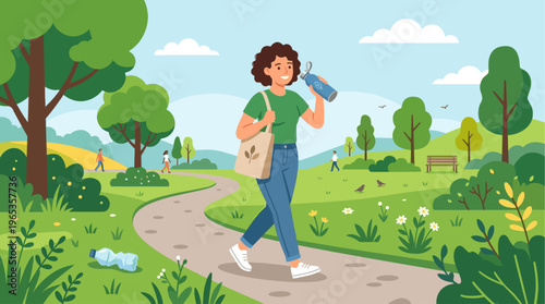 A woman with curly brown hair walks on a path in a park, holding a reusable water bottle and a tote bag. The scene depicts a vibrant green landscape with trees, flowers, and a blue sky with clouds.