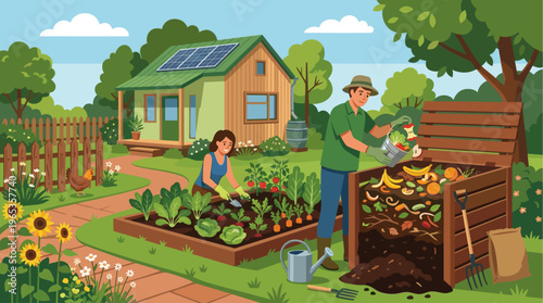 A happy couple tends to their organic garden and compost bin, surrounded by lush greenery, flowers, and a solar-powered home, symbolizing sustainability and healthy living.
