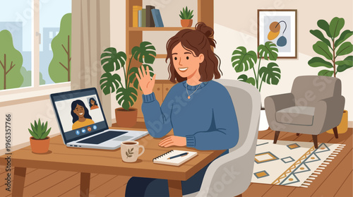 A smiling woman waves hello during a video conference call with friends in her comfortable, plant-filled home office, showing modern communication.