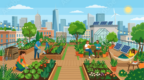 Diverse people enjoy urban farming, relaxation, and sustainable living on a vibrant city rooftop garden with solar panels and a wind turbine.