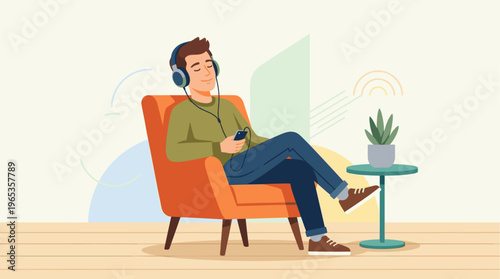 A man with closed eyes sits relaxed in an orange armchair, listening to music on headphones and holding a smartphone.