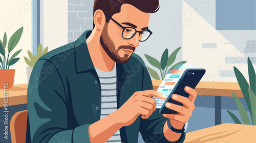 A focused man with glasses and a beard is looking at his smartphone, texting in a modern, casual setting with plants in the background.