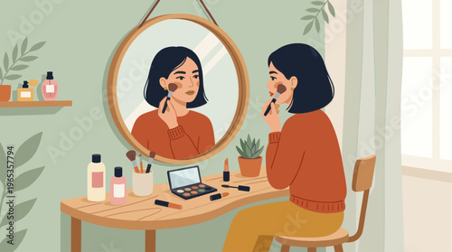 A woman with dark hair applies makeup using a brush in front of a round mirror, surrounded by cosmetic products on a wooden vanity.