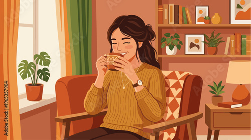 A woman in a yellow sweater sips coffee from a patterned mug while sitting in a comfortable armchair in a cozy room with bookshelves.