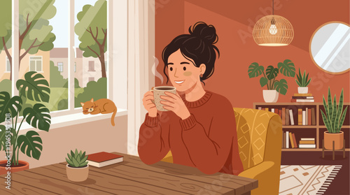 A young woman sits at a wooden table, holding a steaming cup of coffee, while a cat sleeps by the window, enjoying a peaceful indoor scene.