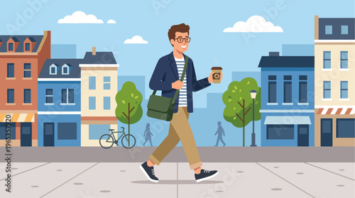 A smiling young man wearing glasses walks on a sidewalk holding a coffee cup with a messenger bag on his shoulder in front of colorful buildings and trees.