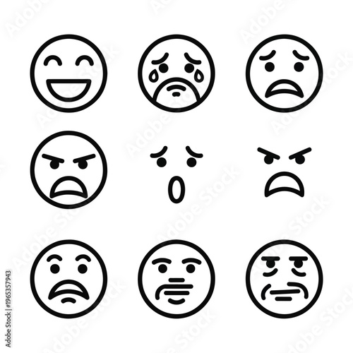 A set of nine cartoon emoji faces displaying a range of emotions, including joy, sadness, anger, shock, and displeasure, shown as simple black line art