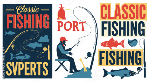Classic Fishing Sport: Vintage Style Graphics with Fish and Angler