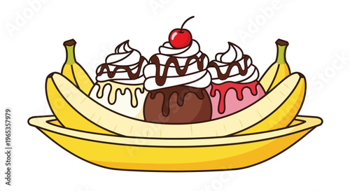 Delicious Banana Split Ice Cream Sundae with Whipped Cream and Cherry on Top